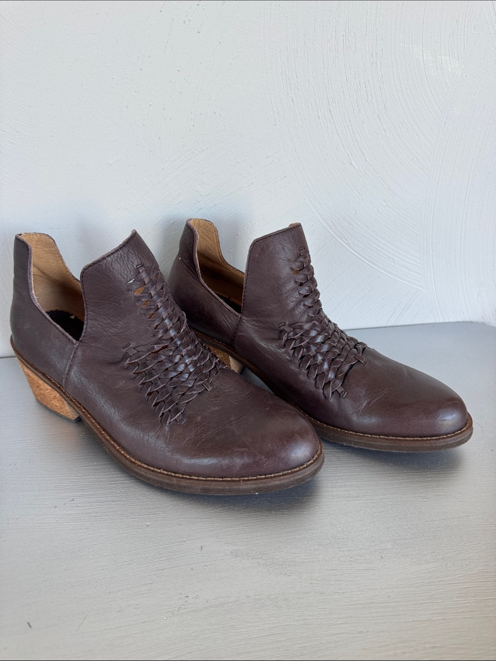 Latigo Dark Brown Woven Leather Heeled Ankle Boots